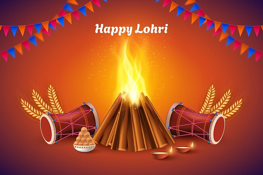 Happy Lohri illustration featuring a central bonfire, dhol drums, sweets, and festive bunting.