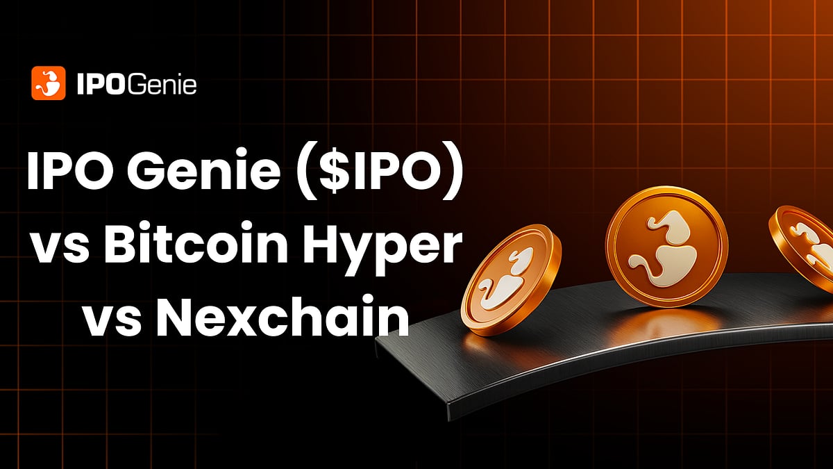 IPO Genie vs Bitcoin Hyper vs Nexchain text with floating gold coins on a dark background.