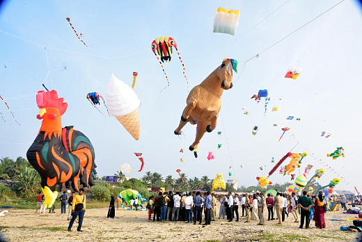Crowd watching giant animal and novelty kites flying at a festival