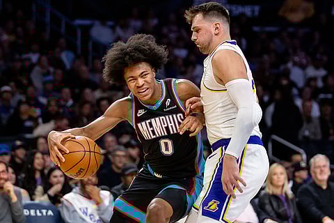 Memphis Grizzlies forward Jaylen Wells (0) is defended by Los Angeles Lakers guard Luka Doncic (77) during the first half of an NBA basketball game in Los Angeles.