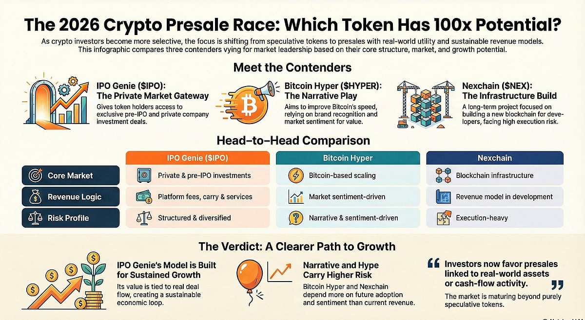 An infographic titled The 2026 Crypto Presale Race comparing IPO Genie, Bitcoin Hyper, and Nexchain.