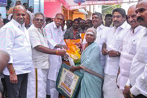 Puducherry Chief Minister N. Rangaswamy distributes Pongal gift hampers ahead of the festival, in Puducherry.