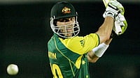 | Photo: AP/Aman Sharma : Australian cricketer Damien Martyn plays a shot against England during the one-day international cricket match for the ICC Champions Trophy in Jaipur, India, Saturday, Oct. 21, 2006. 
