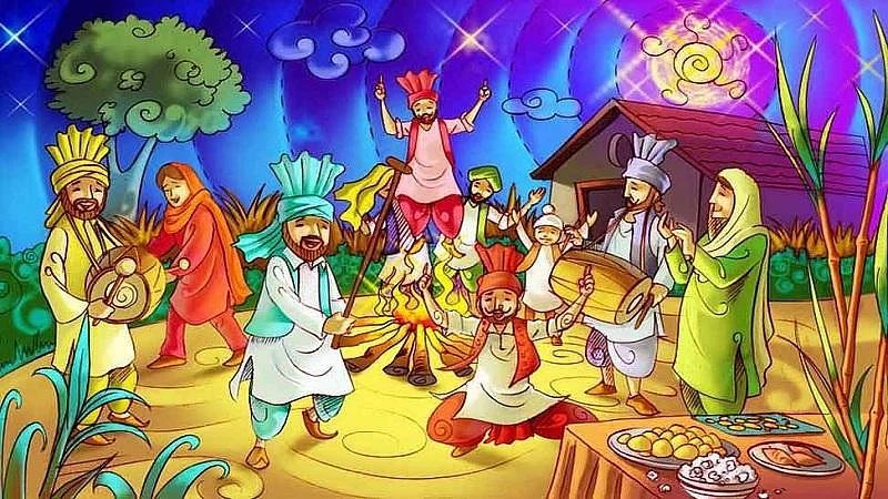People in traditional Punjabi attire celebrate the Lohri festival by dancing around a bonfire