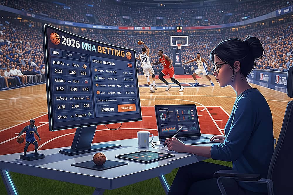 Sports bettor using a tablet to place NBA 2025 bets during a live basketball game