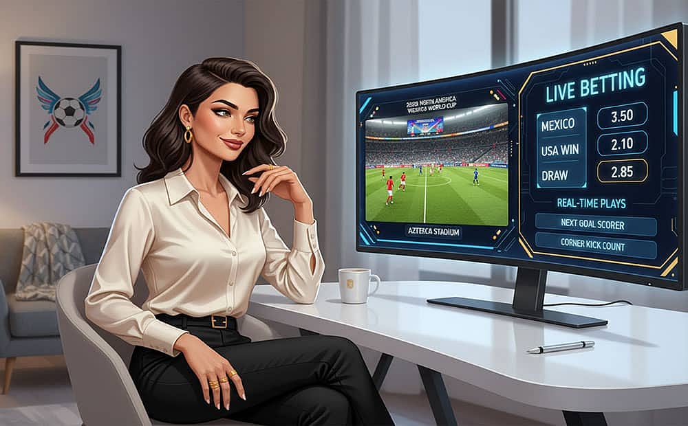 Woman watching live sports betting on a monitor