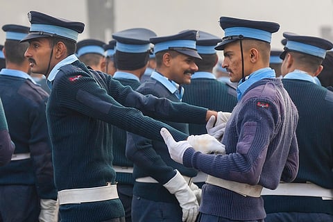 Indian Air Force personnel during a rehearsal for Republic Day celebrations, near India Gate in New Delhi.