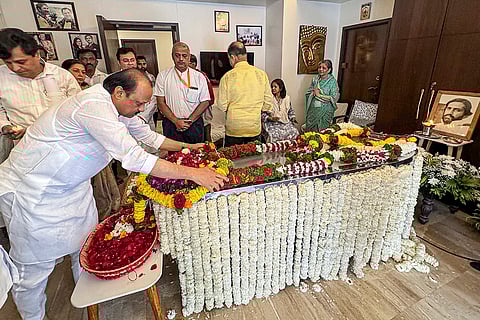 Maharashtra Deputy Chief Minister Ajit Pawar pays tribute to the mortal remains of late Congress leader and former Union minister Suresh Kalmadi, in Pune.