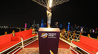 File : The ICC Men’s T20 World Cup 2026 trophy at the Doha Corniche during the trophy tour in Qatar