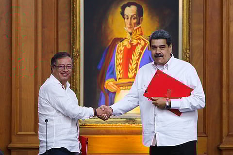 President of the Bolivarian Republic of Venezuela Nicolas Maduro receives Colombian President Gustavo Petro at Miraflores Palace, in Caracas, Venezuela on November 1, 2022