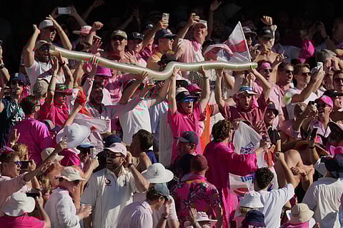 England supporters react during play on day three of the fifth and final Ashes cricket test between England and Australia in Sydney.