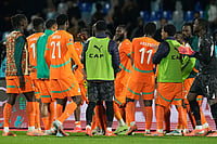 | Photo: AP/Themba Hadebe : Ivory Coast's players celebrate after the Africa Cup of Nations best of 16 soccer match between Ivory Coast and Burkina Faso in Marrakech, Morocco.