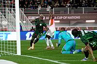 Nigeria 4-0 Mozambique, Africa Cup Of Nations: Osimhen Stars As Super Eagles Storm Into Quarters | Photo: AP/Themba Hadebe : Nigeria's Victor Osimhen, left, celebrates after scoring his side's third goal during the Africa Cup of Nations round of 16 soccer match between Nigeria and Mozambique in Fez, Morocco.