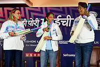 WPL Titles, Women’s ODI World Cup Make Harmanpreet Kaur’s Leadership ‘Untouchable’: Jhulan Goswami | Photo: PTI/Kunal Patil : From left, Mumbai Indians’ head coach Lisa Keightley, captain Harmanpreet Kaur and mentor Jhulan Goswami during the Women's Super League’s (WPL) pre-season press conference, in Mumbai.