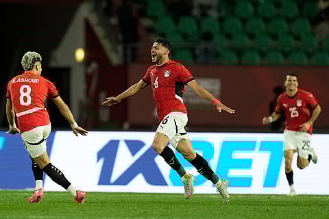Egypt's Yasser Ibrahim celebrates after scoring his side's second goal during the Africa Cup of Nations round of 16 soccer match between Egypt and Benin in Agadir, Morocco.
