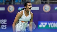 | Photo: PTI/Gurinder Osan : BWF India Open 2025: India's PV Sindhu celebrates after winning a point during the women's singles round of 16 match against Japan's Manami Suizu 