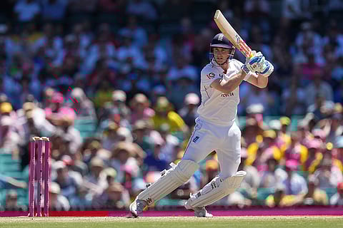 England's Harry Brook bats during play on day four of the fifth and final Ashes cricket test between England and Australia in Sydney.