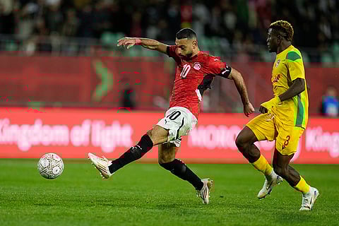 Egypt's Mohamed Salah scores his side's third goal during the Africa Cup of Nations round of 16 soccer match between Egypt and Benin in Agadir, Morocco.