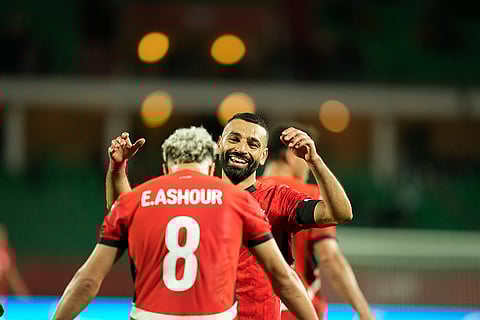 Egypt's Mohamed Salah celebrates after scoring his side's third goal during the Africa Cup of Nations round of 16 soccer match between Egypt and Benin in Agadir, Morocco.