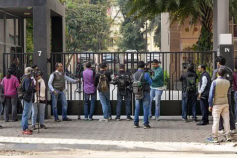 Media personnel outside the residence of Pratik Jain, director of political consultancy firm I-PAC, in Kolkata. The Enforcement Directorate on Thursday conducted searches on the premises of political consultancy firm I-PAC and its director Pratik Jain in Kolkata as part of a money laundering investigation, official sources said.