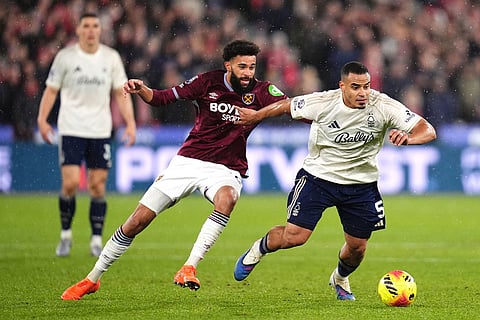 West Ham United's Pablo and Nottingham Forest's Murillo, right, during the English Premier League soccer match between West Ham United and Nottingham Forest in London.
