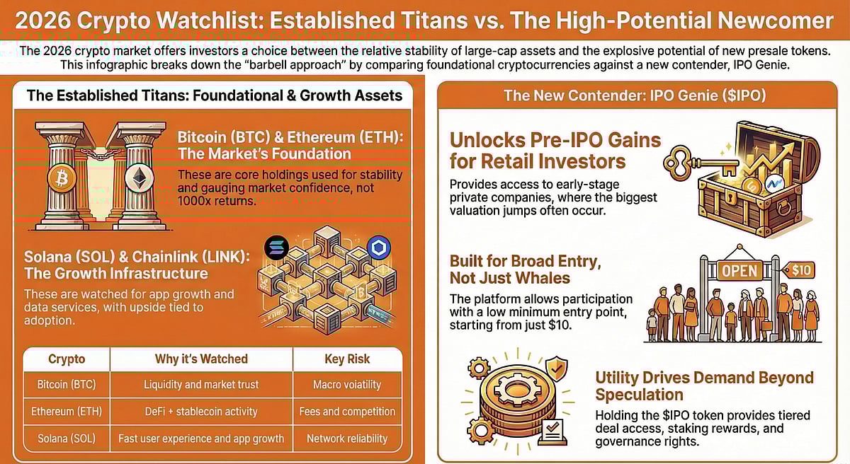 Infographic comparing Bitcoin, Ethereum, Solana, Chainlink, and IPO Genie in a 2026 crypto.