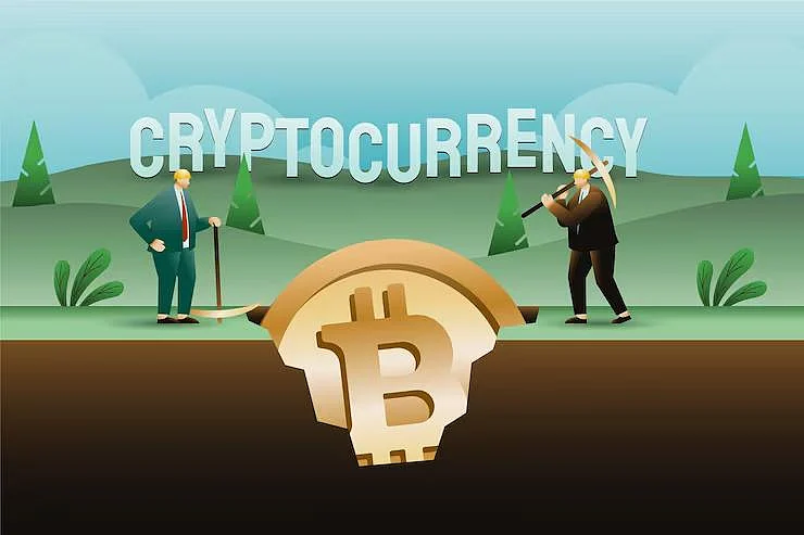 Two businessmen mining Bitcoin from the ground