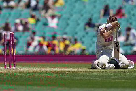 Australia's Marnus Labuschagne reacts after he was run out during play on the last day of the fifth and final Ashes cricket test between England and Australia in Sydney.