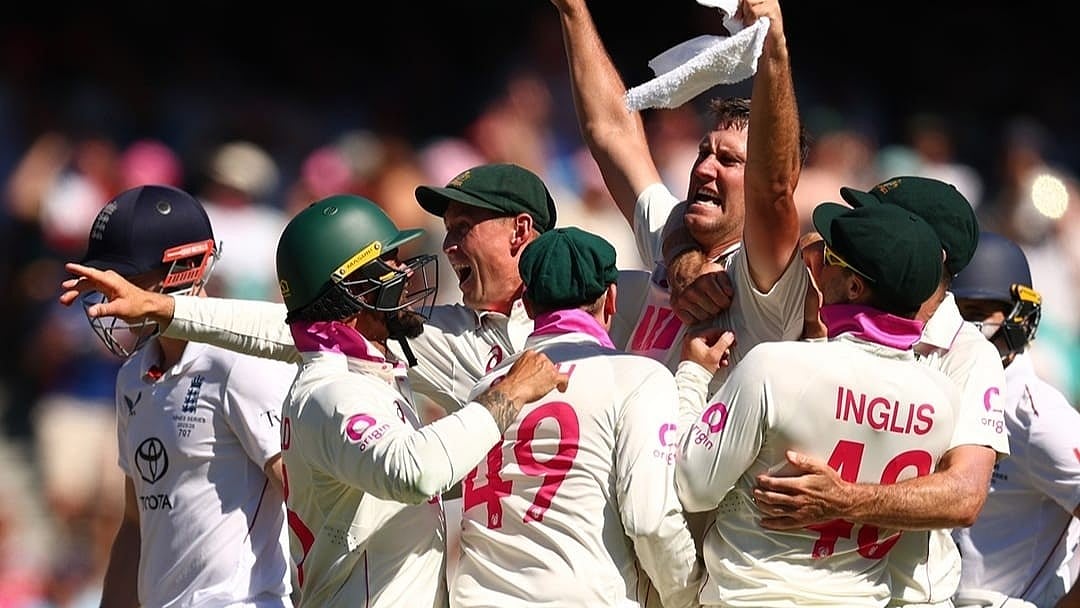 Instagram/Cricket Australia : The Australian Team celebrating after Beau Webster took the wicket of Harry Brook 