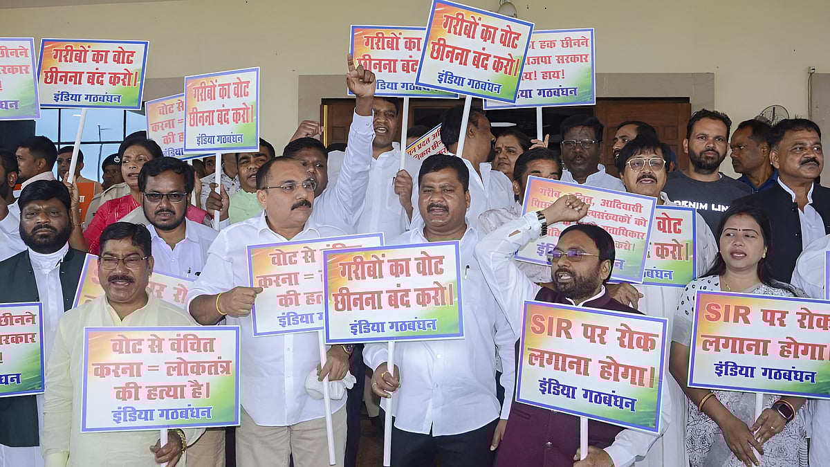 JMM leaders stage a protest against the Election Commission’s Special Intensive Revision (SIR)  during the supplementary Monsoon session of the Jharkhand Assembly, in Ranchi, on August 26, 2025 - PTI