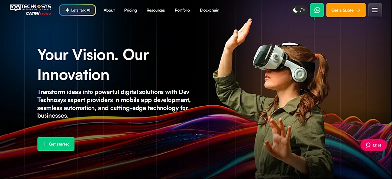 A woman wearing a VR headset with hands raised over a background of colorful light waves.