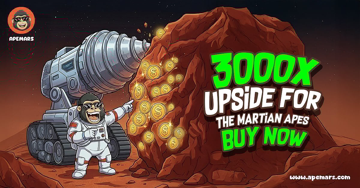 Cartoon astronaut drilling on Mars with text promoting upside potential and a buy now message.