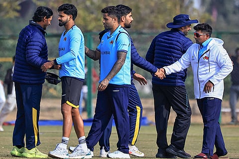 Mumbai's Shreyas Iyer, Suryakumar Yadav and Sarfaraz Khan exchange greetings with Punjab players after the former team won the Vijay Hazare Trophy 2025-26 cricket match against Punjab, at Jaipuria Vidyalaya Ground, in Jaipur.