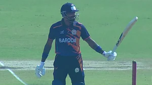 | Photo: Screengrab/JioHotstar : Baroda's Hardik Pandya celebrates his half-century during the Vijay Hazare Trophy match against Chandigarh on January 8, 2026.