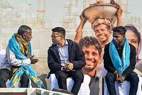 Trinamool Congress (TMC) leader Abhishek Banerjee, centre, interacts with people during a public meeting, ahead of the West Bengal Assembly elections, in Malda, West Bengal.