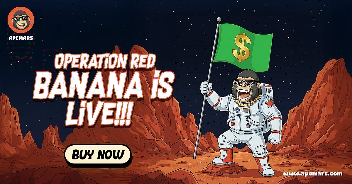 Ape in sunglasses with Operation Red Banana is Live text on a mountain landscape.