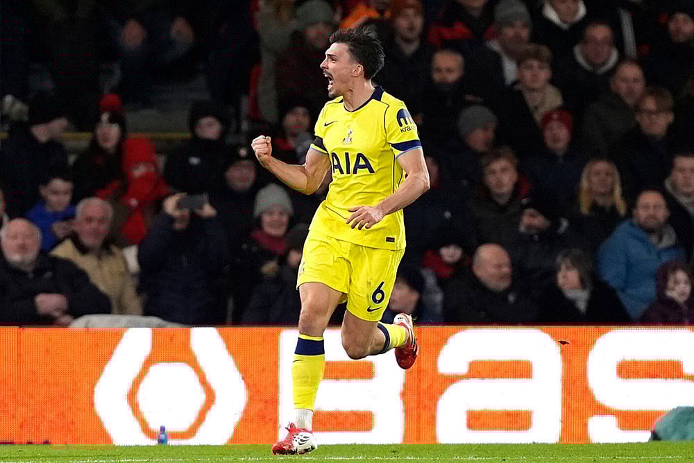 Tottenham Hotspur's Joao Palhinha celebrates scoring their side's second goal of the game during the English Premier League soccer match between Bournemouth and Tottenham Hotspur in Bournemouth, England. - | Photo: Andrew Matthews/PA via AP