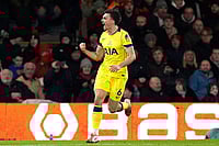 English Premier League: Antoine Semenyo's Injury Time Goal Helps Cherries Beat Spurs In Close Encounter | Photo: Andrew Matthews/PA via AP : Tottenham Hotspur's Joao Palhinha celebrates scoring their side's second goal of the game during the English Premier League soccer match between Bournemouth and Tottenham Hotspur in Bournemouth, England.