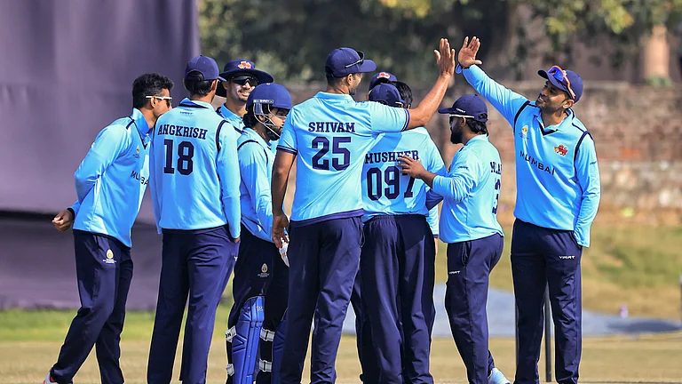 Mumbai's Suryakumar Yadav with teammates celebrates during the Vijay Hazare Trophy 2025-26 cricket match between Mumbai and Punjab, at Jaipuria Cricket Academy in Jaipur, Thursday, Jan. 8, 2026. - (PTI Photo)