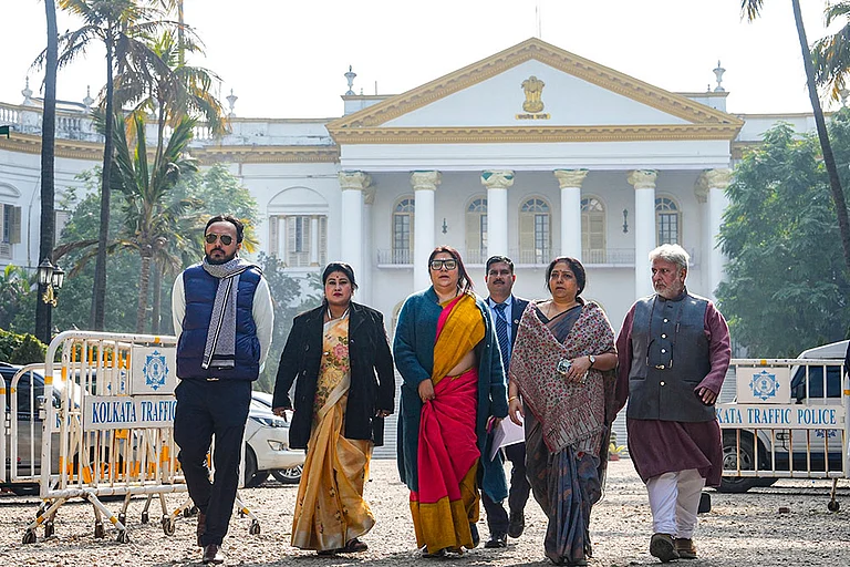 From left, BJP leaders Indranil Khan, Phalguni Patra, Locket Chatterjee, Shashi Agnihotri and Shishir Bajoria leave after a meeting of the party's delegation with West Bengal Governor CV Ananda Bose, in Kolkata. - | Photo: PTI/Manvender Vashist Lav