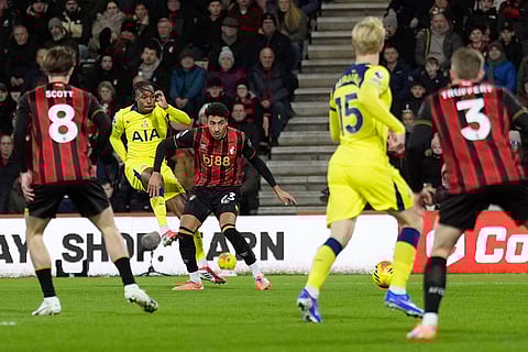 Tottenham Hotspur's Mathys Tel, second left, scores their side's first goal of the game during the English Premier League soccer match between Bournemouth and Tottenham Hotspur in Bournemouth, England.