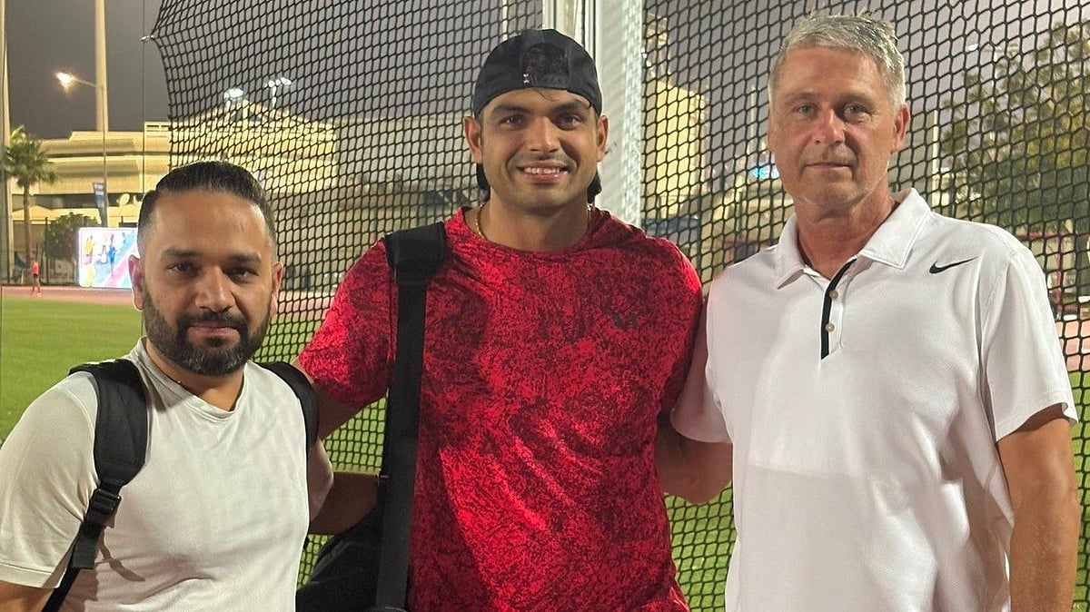 File photo of javelin throw superstar Neeraj Chopra with coach Jan Zelezny (right) and physio Ishaan Marwaha (left). - X/Neeraj Chopra