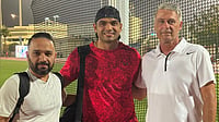 X/Neeraj Chopra : File photo of javelin throw superstar Neeraj Chopra with coach Jan Zelezny (right) and physio Ishaan Marwaha (left).