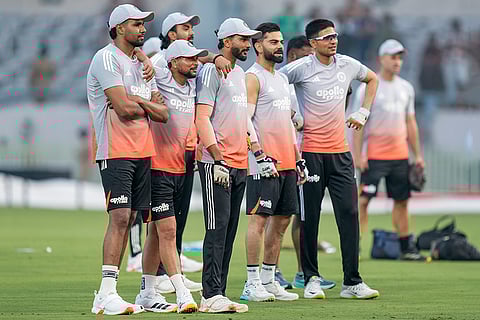 From left, India’s Harshit Rana, Kuldeep Yadav, KL Rahul, Nitish Kumar Reddy, Virat Kohli and captain Shubman Gill during a practice session ahead of the first ODI cricket match of a series between India and New Zealand, at Kotambi Stadium, in Vadodara, Gujarat.
