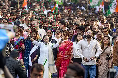 West Bengal Chief Minister and Trinamool Congress (TMC) chief Mamata Banerjee leads a protest march accompanied by party leaders including June Maliah and others against the Enforcement Directorate’s searches linked to political consultancy firm I-PAC, in Kolkata.