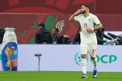 Morocco's Ismael Saibari celebrates after scoring his side's second goal during the Africa Cup of Nations quarterfinal soccer match between Cameroon and Morocco, in Rabat, Morocco.