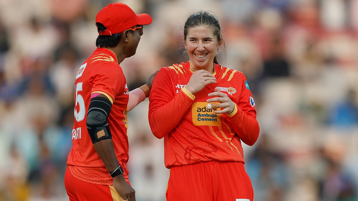 | Photo: X/wplt20 : Gujarat Giants' Georgia Wareham celebrates a wicket during the Women's Premier League match against UP Warriorz on January 10, 2026.