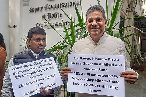 TMC MPs Bapi Halder, left, and Kirti Azad at Parliament Street Police Station after being detained during a protest against ED raids on I-PAC, in New Delhi.