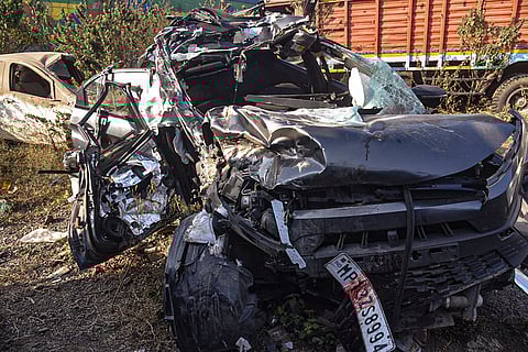 Wreckage of a vehicle at the site after a collision between a speeding car and a truck, near Indore. Daughter of Congress MLA and former Madhya Pradesh home minister Bala Bachchan and two others were killed in the incident, according to officials.