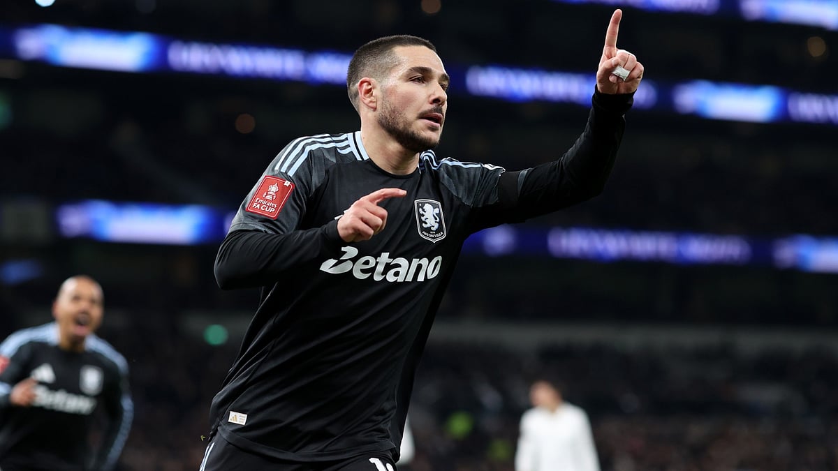 Aston Villa's Emiliano Buendia celebrates his goal during the FA Cup match against Tottenham Hotspur on January 10, 2026. - null